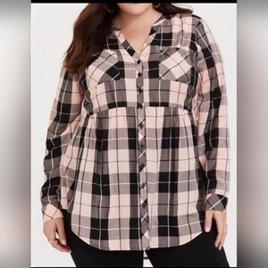 TORRID Women's Emma Babydoll Challis Button Front Tunic Plaid 2/18-20